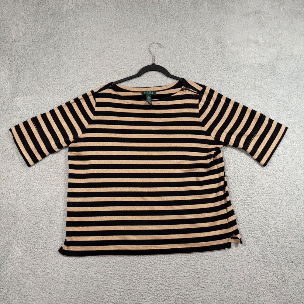 Lauren Ralph Lauren Striped Metallic Knit Top 2X Boat Neck 3/4 Sleeve Black Gold